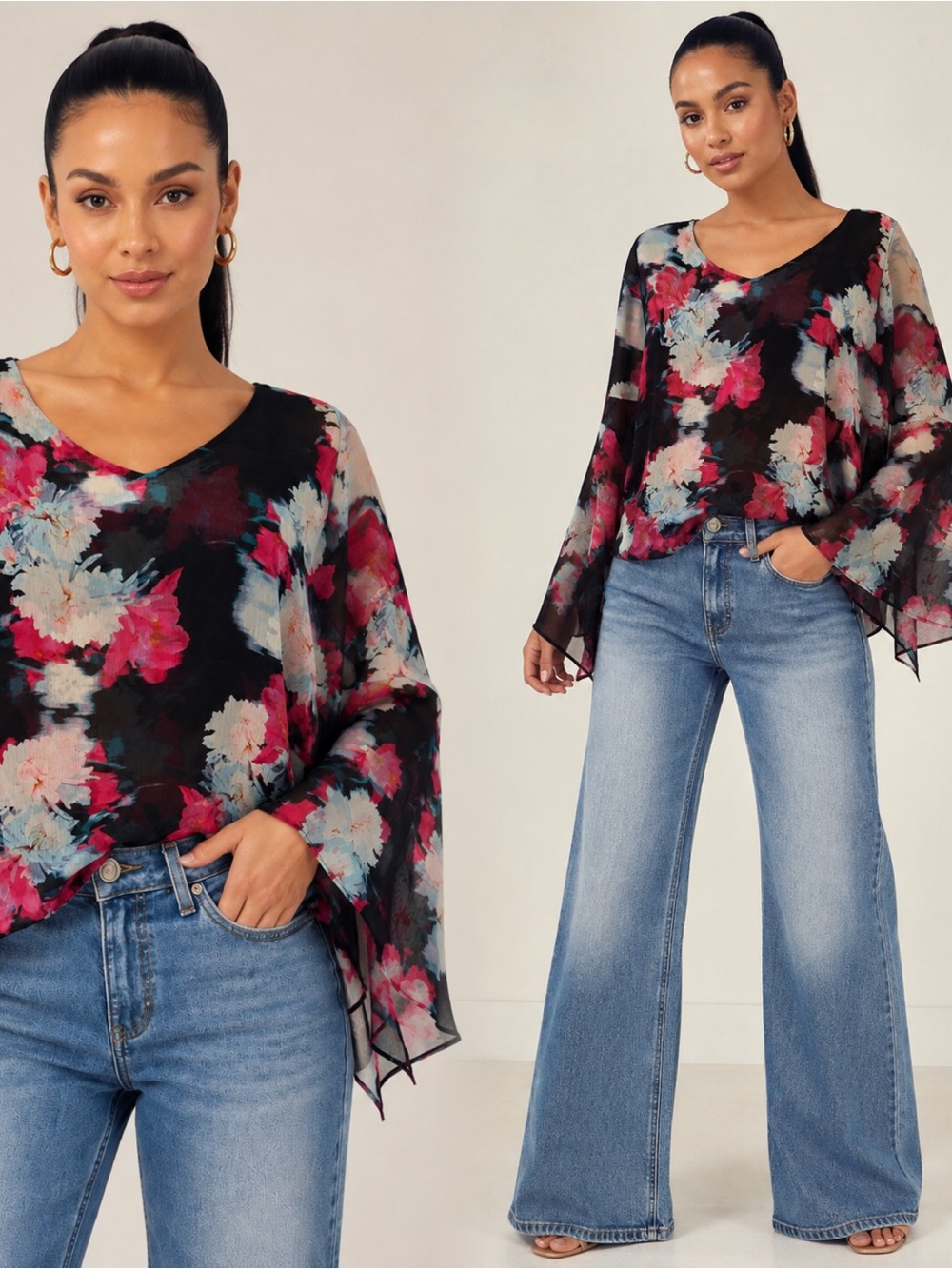 Jennifer Lopez Black Sheer Floral V-Neck Blouse